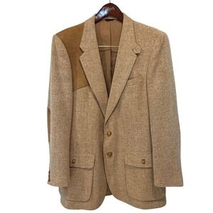 Vintage Tan Tweed Shooting Jacket Suede Elbow Shoulder Patches Men XL‎ Blazer